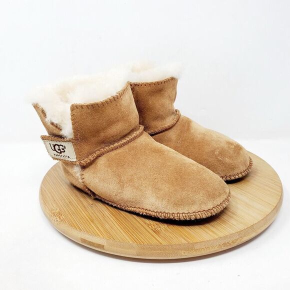 UGG Erin Boots Infant L High Top Wrap Brown Suede Sheepskin Baby Strap Booties - Picture 5 of 11